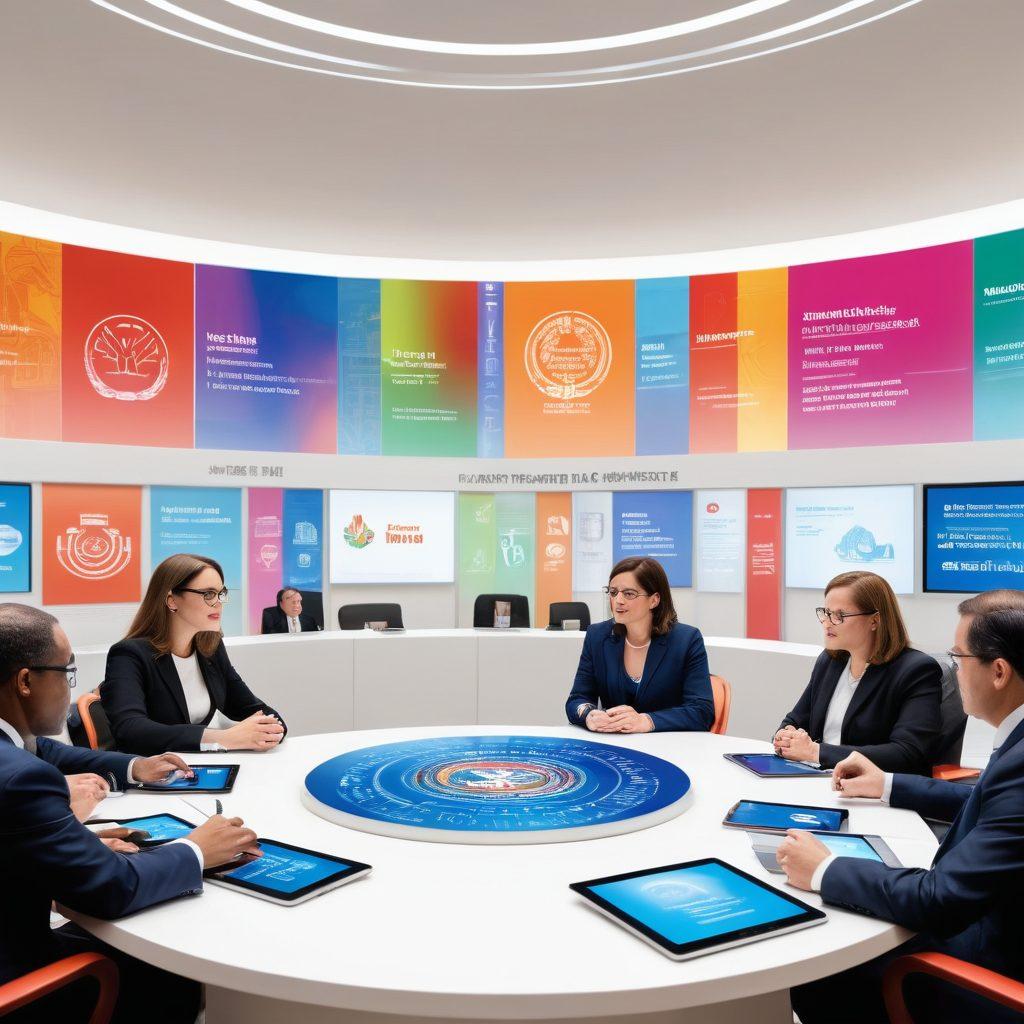 A dynamic roundtable discussion featuring diverse legal experts, engaged in vibrant dialogue, surrounded by innovative technology symbols like tablets and digital screens displaying judicial concepts. The backdrop showcases the iconic architecture of the International Center for Judicial Development, symbolizing progress and collaboration. Bright, inspiring colors highlight the urgency and creativity of the innovations. super-realistic. vibrant colors. white background.