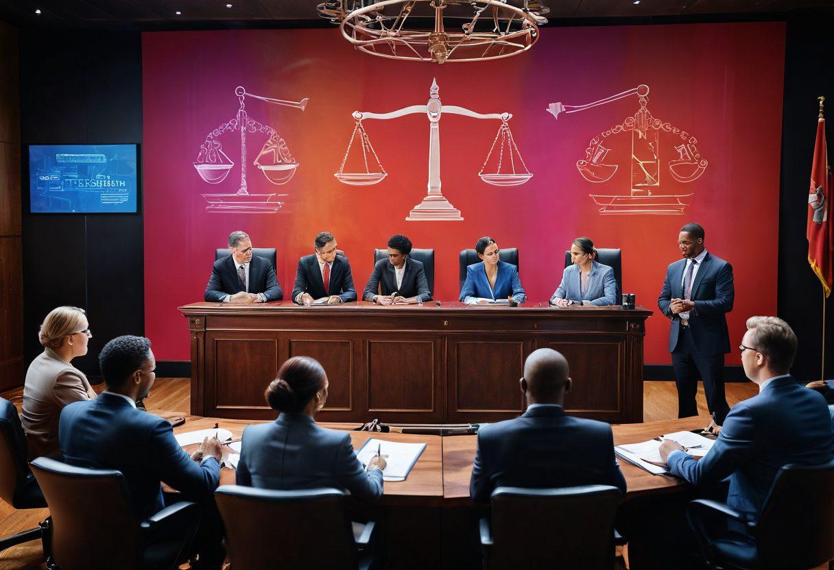 A diverse group of legal professionals engaged in a vibrant discussion, surrounded by symbols of justice such as scales and gavel, set against a backdrop of a modern conference room with attendees taking notes. Include elements representing education like books and digital screens. The atmosphere should be collaborative and dynamic, showcasing innovation in legal frameworks. super-realistic. vibrant colors. 3D.