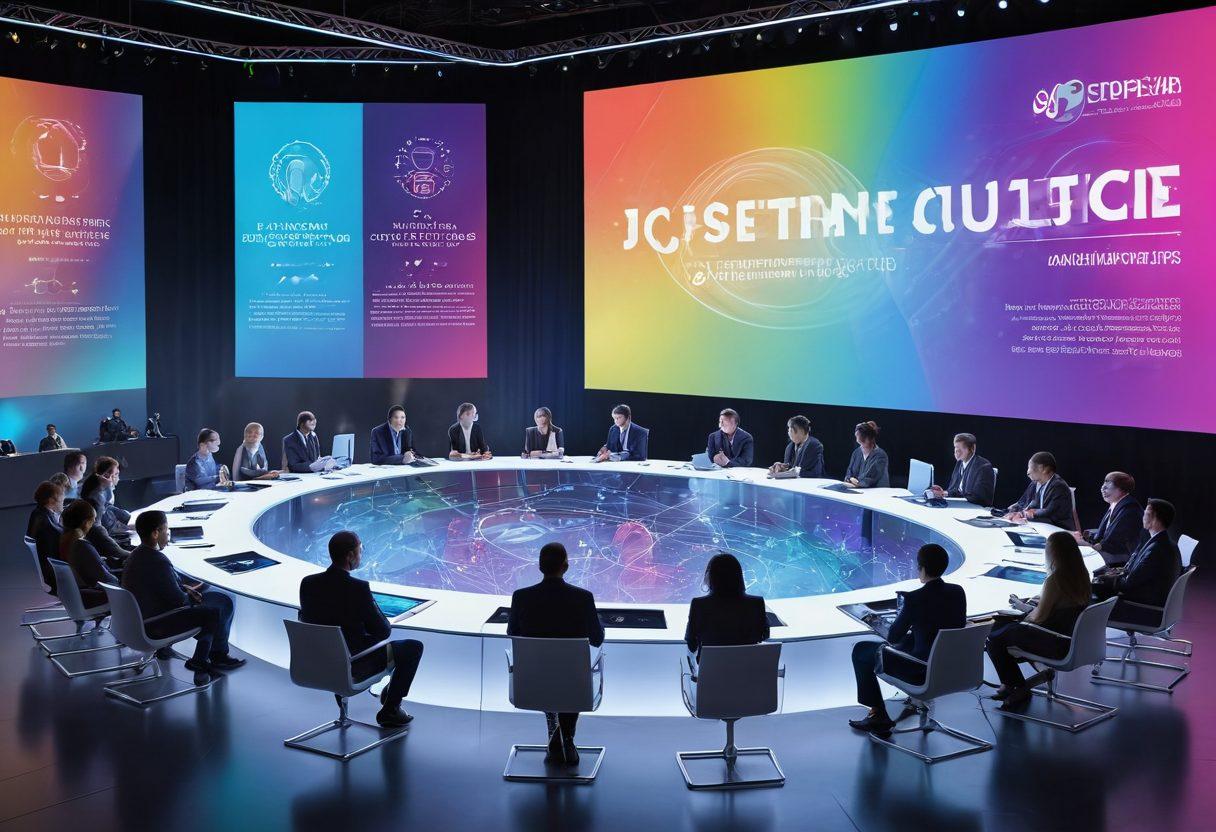 A futuristic conference setting featuring diverse individuals engaged in discussions about justice innovations, surrounded by holographic displays showcasing collaboration concepts. The backdrop includes a large banner: ICJD Conference, with bright colors symbolizing hope and progress. Elements like digital scales of justice and interconnected networks can be seen. super-realistic. vibrant colors. 3D.